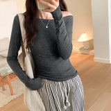 Yipinpay Color Long-Sleeved T-Shirt Women's Autumn New Design Sense Minority Shoulder Blouse Slim And Thin Bottomed Shirt