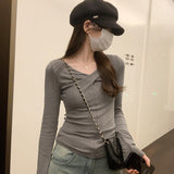 Yipinpay Crossed V-Neck Long-Sleeved Blouse For Women In Autumn And Winter, The New Style Is Slim And Beautiful And Chic With A Bottomed T-Shirt.