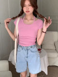 Pure Desire Hot Girls Design Sense To Hang Neck U-Collar Short-Sleeved T-Shirt Summer New Style Waist Shows Slim All Kinds Of Short Style Blouse Trend