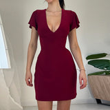 Yipinpay Sexy V Collar Waist Shows Thin Short-Sleeved Dress Temperament Slim Casual Pure Color Hip Skirt Woman