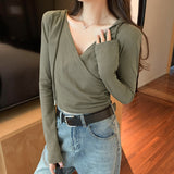 Yipinpay V-Necked, Shoulder Padded, Long-Sleeved T-Shirt With New Autumn And Winter Waist And Short Style Lazy Wind Blouse