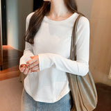 Yipinpay New Autumn And Winter T-Shirt With A Round Collar And Long Sleeves. A Short Ins Blouse With A Curved Hem.
