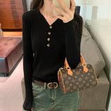 Yipinpay V-Collar Buckle Long-Sleeved Sweater Women's Autumn And Winter 2024 New Tight Bottomed Sweater With Underwear