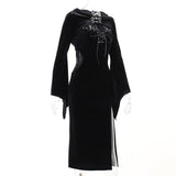 Yipinpay Halloween New Women's Dress Suit Hat Horn Sleeve Spider Web Dress