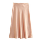 Yipinpay 2024 New Elastic Waistline Simple Full-Color Satin Full-Length Skirt