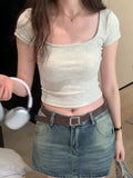 Large Square Collar Design Small Solid Color T-Shirt Women's Short Sleeves Show Thin Exposed Collarbone Short Style Sweet Hot Style Blouse