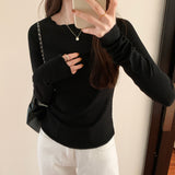 Yipinpay Round Collar Solid Color Elastic Long-Sleeved T-Shirt Women's Autumn And Winter New Basic Inner Bottom Top