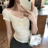 Chic Design Big V-Collar Lace Collage Split Bow Short-Sleeved T-Shirt Women's Summer New Pure Korean Blouse