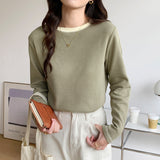 Yipinpay Long-Sleeved T-Shirt Women's New Design Is Full Of Impact Color Round-Neck Waffle Top And Bottom Shirt.