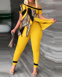 Yipinpay Women's Wear Summer New Fashionable Leisure Forked Oblique Collar Printing Suit