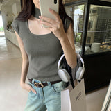 Design Sense Hanging Neck Shoulder Sleeveless Knitted Shirt Spring New Slim High Waist Short Vest Bottomed Blouse