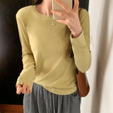 Yipinpay Color Round Neck Slim Long-Sleeved T-Shirt Women's New Style Casual Shirt With Straight Shoulders In Autumn And Winter