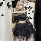 Yipinpay Gothic Punk, Spider Web, Tassel, Half Skirt, Dark Wind, Short Skirt