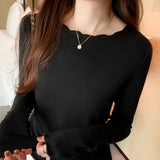 Yipinpay Round Collar Solid Color Elastic Long-Sleeved T-Shirt Women's Autumn And Winter New Basic Inner Bottom Top