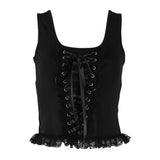 Yipinpay Summer New Black Vest Ins Square Collar Knitted Lace Sleeveless Halter Top