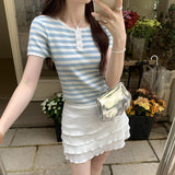 Cold And Light High-Grade Blue Color Striped Short-Sleeved Shoulder T-Shirt Women's Summer Stretch Waist Short Style Foreign Style T-Shirt