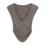 Sexy Spice Girl V-Neck Knitted Sleeveless Vest Women's 2024 Spring / Summer New Style Wrinkled Waist-Bottom Blouse