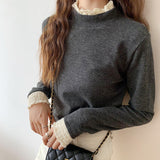 Yipinpay Semi-High-Necked Velvet Bottomed Blouse With A New Style Of Long-Sleeved Knitted Velvet And Warm Lace Blouse