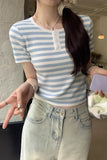 Cold And Light High-Grade Blue Color Striped Short-Sleeved Shoulder T-Shirt Women's Summer Stretch Waist Short Style Foreign Style T-Shirt
