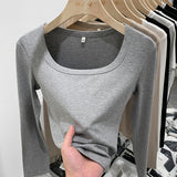 2025 New Spring And Autumn Style Threaded Square Collar Long-Sleeved T-Shirt Women's High Waist Leaky Navel Minority Solid Color Undercoat