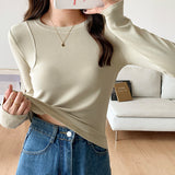 Yipinpay Casual Simple White Round-Collar Long-Sleeved Bottomed Blouse For Girls In Autumn, A Slim And Slim Blouse