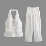 Yipinpay New Autumn Style Wide-Leg Trousers Suit With Bare Back And Collar Vest And Pleated Legs