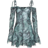 Yipinpay Women's Dress 2024 Summer Sexy Shoulder Horn Sleeve Printed Waist Slender Sling Dress