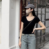 Solid Color V-Neck Straight Shoulder T-Shirt Women's Short-Sleeved Slimming Style Summer New Exposed Collarbone Blouse