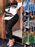 Yipinpay Autumn New Women's Fashion Leisure Bare-Back Printed Trousers Suit