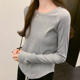 Yipinpay New Autumn And Winter T-Shirt With A Round Collar And Long Sleeves. A Short Ins Blouse With A Curved Hem.