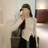 Yipinpay Collar Solid Color Forked Long-Sleeved Blouse Autumn And Winter New Spicy Girls Short Style Slim Irregular Long-Sleeved T-Shirt