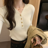 Yipinpay V-Collar Buckle Long-Sleeved Sweater Women's Autumn And Winter 2024 New Tight Bottomed Sweater With Underwear