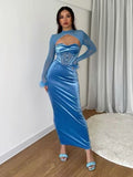 Yipinpay Fall Women's Wear New Style Plush Net Stitching Nightclub Style Hollowed-Out Dress Slim Dress