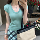 Basic Solid Color U-Collar Short-Sleeved T-Shirt Women's New Springy Slim, Simple And Easy To Wear In Summer