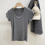 Yipinpay Version Simple Solid Color Threaded U-Collar Short-Sleeved T-Shirt Women Summer New Style Slim Look Thin Pure Desire Hot Girl Blouse Girl