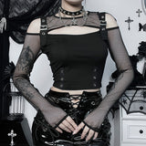 Yipinpay Punk Style Hollowed-Out Long-Sleeved Women's Blouse With A New Sexy Waist Mesh Mesh In The Fall Of 2024