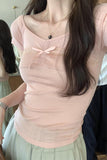 Chic Design Big V-Collar Lace Collage Split Bow Short-Sleeved T-Shirt Women's Summer New Pure Korean Blouse
