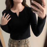 Yipinpay White Long-Sleeved T-Shirt For Women With Autumn And Winter Spicy Girls Short Style Slim V-Collar Bottomed Blouse