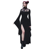 Yipinpay Lace Stitching Long Dress Sexy Split Split Hollowed-Out Dress With Long Horn Sleeves