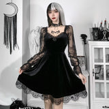 Yipinpay Dark Dress Lace Stitching Shows Chest Long-Sleeved Lotus Leaf Edge Waist Shows Thin Casual Dress