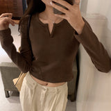 Yipinpay White Long-Sleeved T-Shirt For Women With Autumn And Winter Spicy Girls Short Style Slim V-Collar Bottomed Blouse