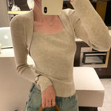 Yipinpay Retro Style Pure Desire Square Collar Slim Long-Sleeved Pullover Sweater With Sexy Bottom In Autumn And Winter