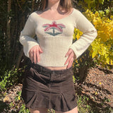 Retro Spice Girl U-Collar Slim And Thin Woolen T-Shirt 2025 Autumn New Lovely Coconut Pattern Sweater