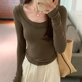 Yipinpay U-Collar Long-Sleeved T-Shirt Women's New Autumn Design Style Underneath A Slim And Slim Blouse