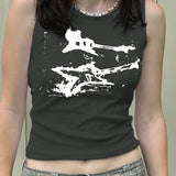 2025 Summer New Personality Trend Ins Street Fashion Guitar Graffiti Printed Threaded Vest Girl
