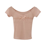 Chic Design Big V-Collar Lace Collage Split Bow Short-Sleeved T-Shirt Women's Summer New Pure Korean Blouse