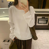 Yipinpay Loose White T-Shirt With Round Collar And Long Sleeves With A New Korean Style Lazy Autumn And Winter Bottomed Shirt