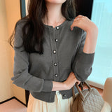Yipinpay Sense Of Pure Color Round-Neck Cardigan Knitted Blouse Women's Autumn And Winter New Style Retro Short Sweater Jacket
