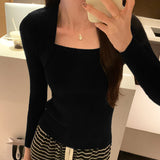 Yipinpay Retro Style Pure Desire Square Collar Slim Long-Sleeved Pullover Sweater With Sexy Bottom In Autumn And Winter
