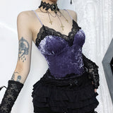Yipinpay Dark Velvet Lace Sling 2024 Fall New Sexy Spicy Girl Spliced Blouse Girl